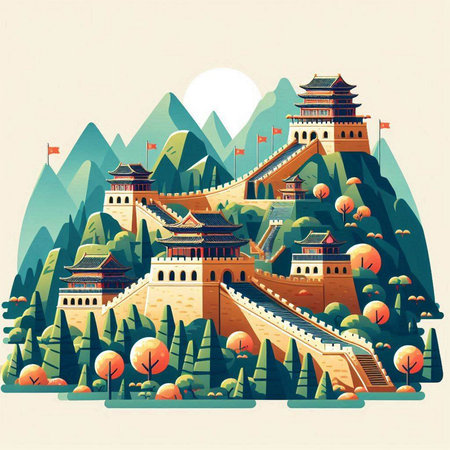 Landscape of the ancient Chinese city. Vector illustration in retro style.のイラスト素材