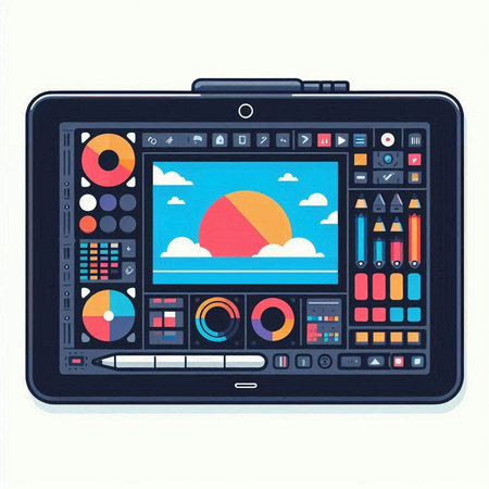 Illustration of a digital graphics tablet with a set of graphic elementsのイラスト素材