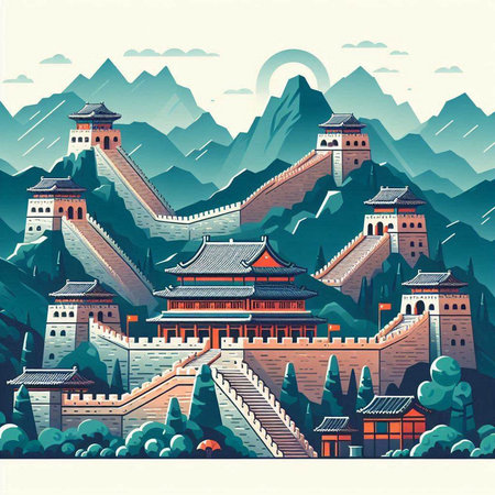 Ancient Chinese fortress on the background of the mountains. Vector illustration.のイラスト素材