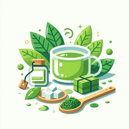 Green tea vector illustration in flat cartoon style. Herbal tea icon.のイラスト素材