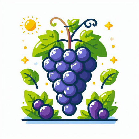 Grapes with leaves and stars. Vector illustration in flat style.のイラスト素材