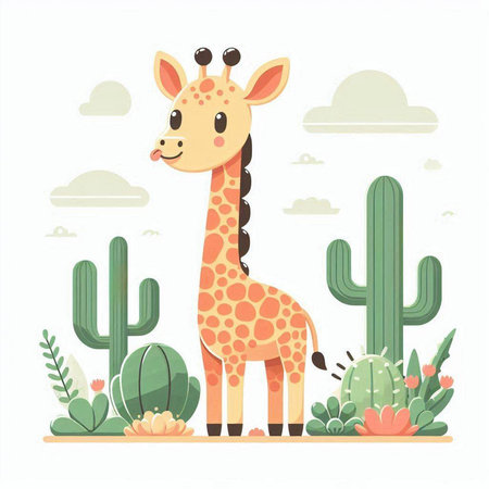 Cute giraffe in the desert with cacti. Vector illustrationのイラスト素材