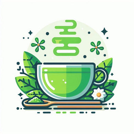 Green tea flat line art icon. Vector illustration of a cup of tea with leaves and flowers.のイラスト素材