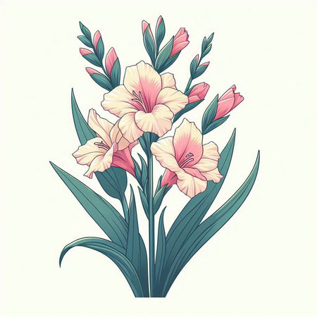 Bouquet of gladiolus flowers. Hand drawn vector illustration.のイラスト素材