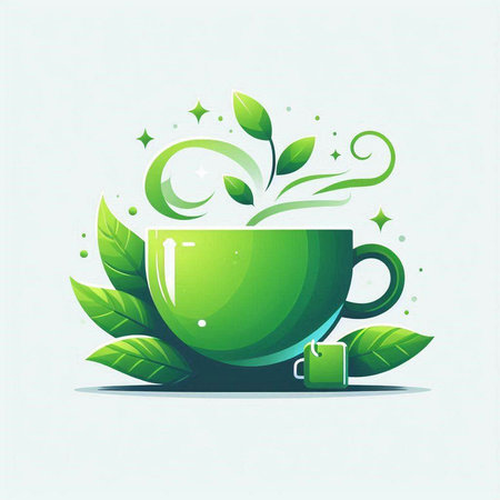 Cup of tea with green leaves on light background. Vector illustration.のイラスト素材