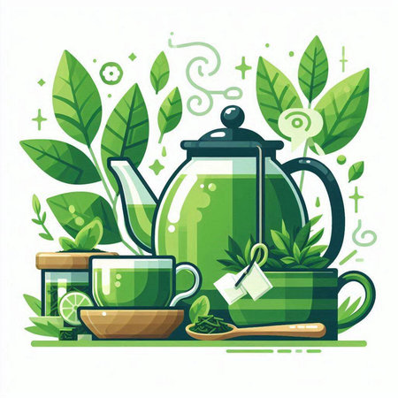 Green tea set with teapot, cup, teacup, teabags and green leaves. Vector illustrationのイラスト素材