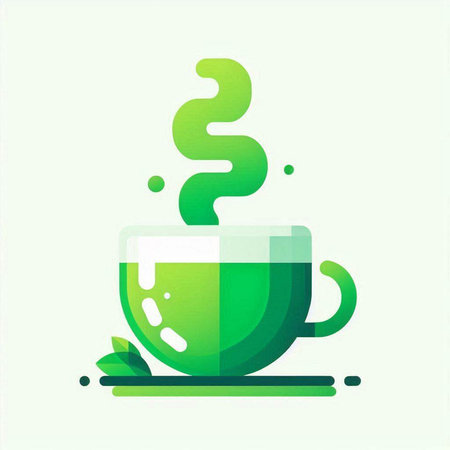 Coffee cup with steam and green leaves. Vector illustration.のイラスト素材