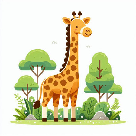 Cute cartoon giraffe standing in the jungle. Vector illustration.のイラスト素材