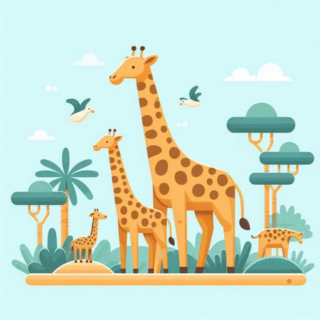 Giraffe family in the park. Flat design vector illustration.のイラスト素材