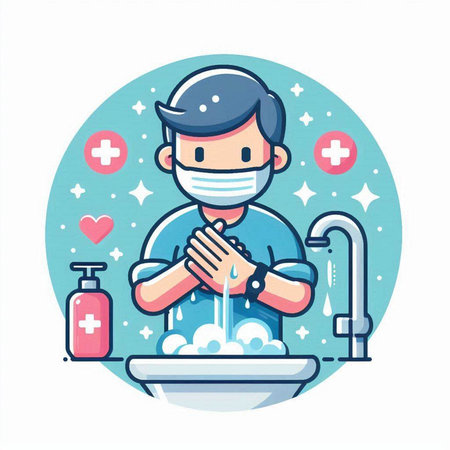 Coronavirus COVID-19 prevention concept. Man washing hands with soap and water.のイラスト素材