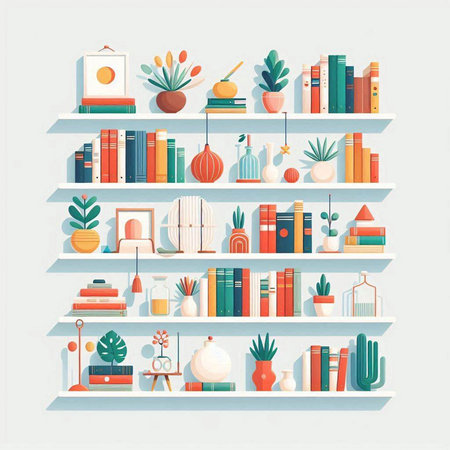 Bookshelf with books and decorations. Vector illustration in flat styleのイラスト素材