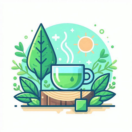 Cup of tea with leaves. Vector illustration in flat style.のイラスト素材