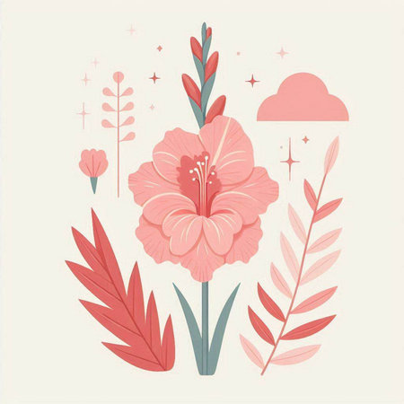 Hand drawn vector abstract floral illustration with pink hibiscus flowers, leaves and cloudsのイラスト素材