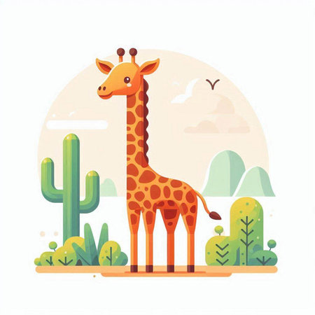 Giraffe in desert landscape. Vector illustration in flat cartoon styleのイラスト素材