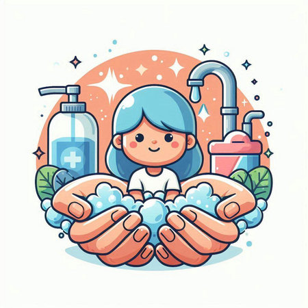 Cute little girl washing her hands with soap. Vector illustration.のイラスト素材