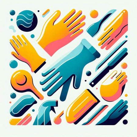Vector illustration of colorful hand prints in flat style. Abstract background.のイラスト素材