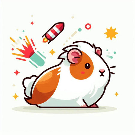 Cute guinea pig with rocket and fireworks. Vector illustration.のイラスト素材