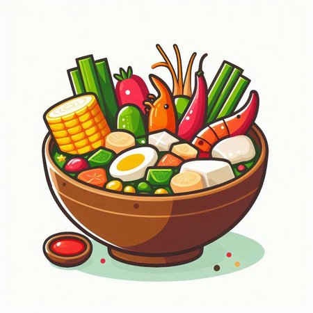 Illustration of a bowl of vegetable soup with ingredients on white backgroundのイラスト素材