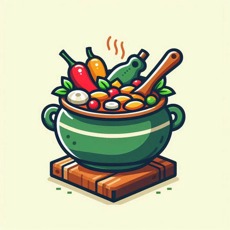 Vegetable soup in a pot. Vector illustration in cartoon style.のイラスト素材