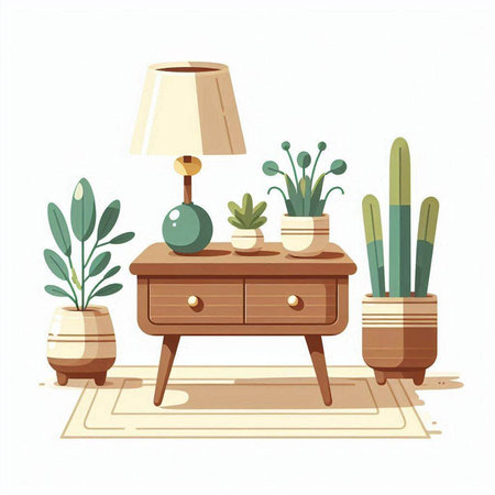 Living room interior with furniture and plants. Flat style vector illustration.のイラスト素材