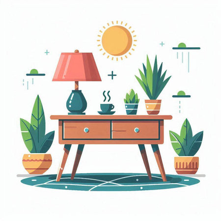 Vector illustration of home interior with table, lamp, plants and sun. Flat style.のイラスト素材
