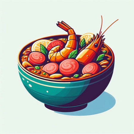 Seafood soup in a bowl. Vector illustration in cartoon style.のイラスト素材