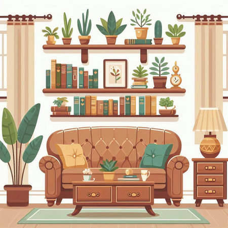 Living room interior with sofa, bookshelf, coffee table and plants. Vector illustrationのイラスト素材