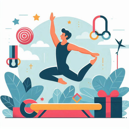 Man jumping on trampoline flat vector illustration. Sport, healthy lifestyle concept.のイラスト素材