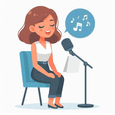 Woman singing into a microphone. Vector illustration in a flat style.のイラスト素材