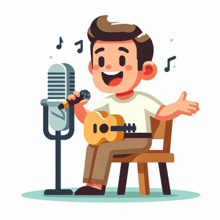 Cute cartoon man singing a song with a microphone. Vector illustration.のイラスト素材