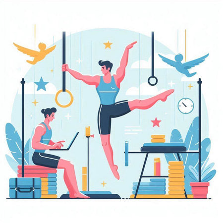 Man and woman doing gymnastic exercises in the gym. Flat vector illustration.のイラスト素材