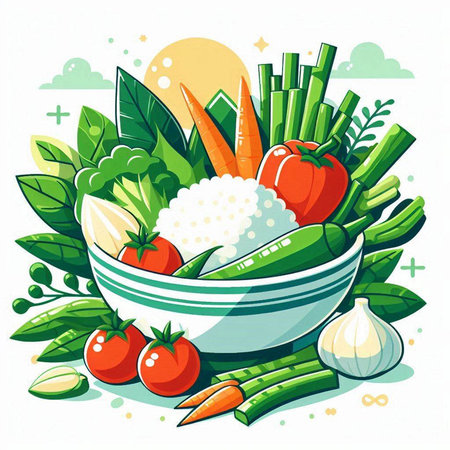 Vegetarian food background with fresh vegetables in bowl. Vector illustration.のイラスト素材