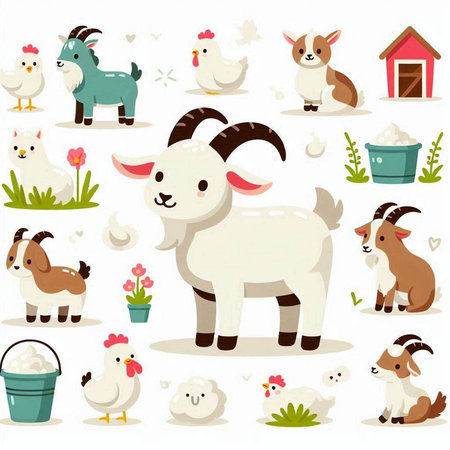 Cartoon farm animals on white background. Goat, sheep, goat, chicken, pig, rooster, sheep, goat, pig, hen, goose, duck, sheep, hen, rooster.のイラスト素材