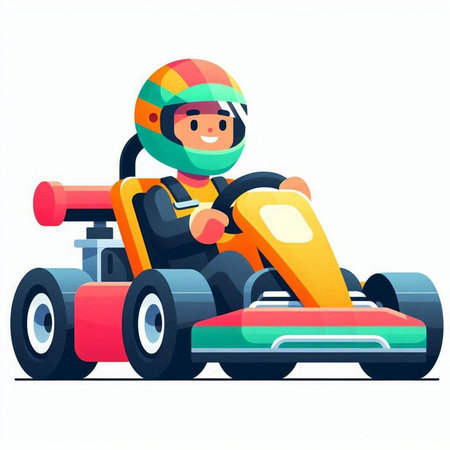Cute boy driving a karting car. Vector illustration.のイラスト素材