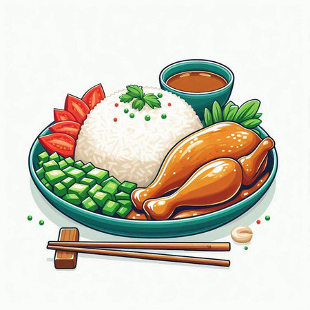 Illustration of rice with chicken and chopsticks on white background.のイラスト素材
