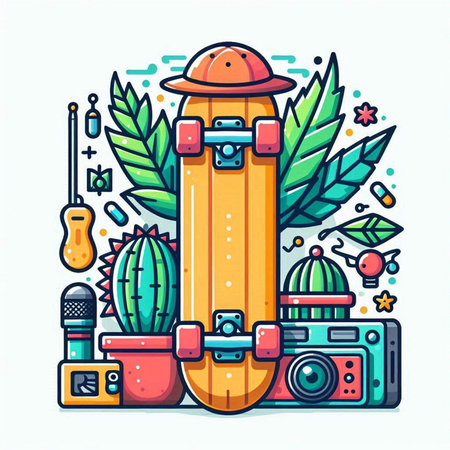 Vector illustration of a skateboard, camera, headphones, cactus, hat.のイラスト素材