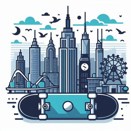 Skateboard on the background of the skyscrapers of the city. Vector illustrationのイラスト素材