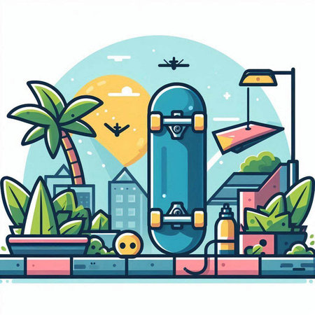 Vector illustration of a skateboard on the background of the city.のイラスト素材
