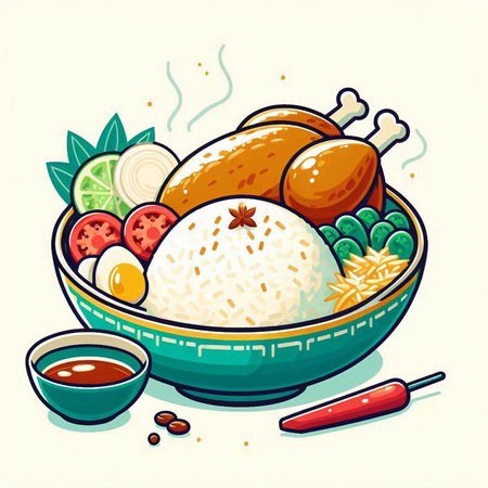Illustration of a bowl of chicken with rice, vegetables and sauceのイラスト素材