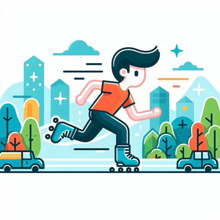 Man on roller skates in the park. Vector illustration in flat styleのイラスト素材