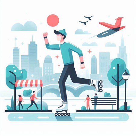Skateboarder in the city. Flat style vector illustration.のイラスト素材