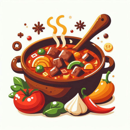 Illustration of a bowl of hot soup with meat, vegetables and spicesのイラスト素材