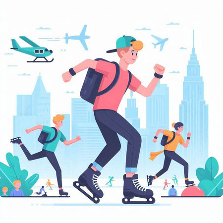 People rollerblading in the city. Flat style vector illustration.のイラスト素材