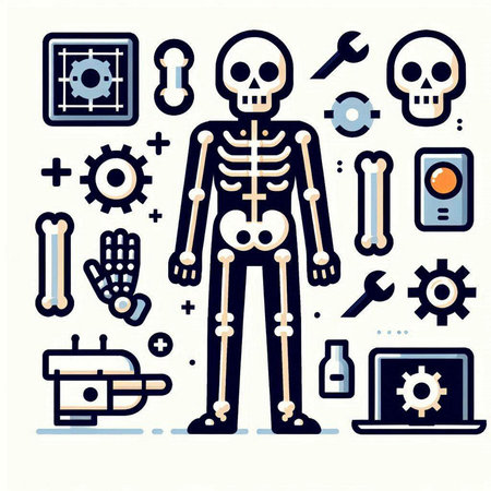 Vector illustration of a skeleton with a set of icons and symbols.のイラスト素材