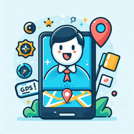 Smartphone with man and location pin on screen. Vector illustration.のイラスト素材