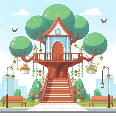 Garden park with bench, trees and lanterns. Vector illustration.のイラスト素材