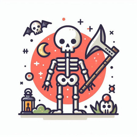 Halloween flat line icon. Vector illustration of skeleton with axe, skull and crossbonesのイラスト素材