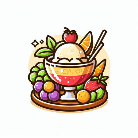 Vector illustration of ice cream in bowl with fresh fruits and berries.のイラスト素材