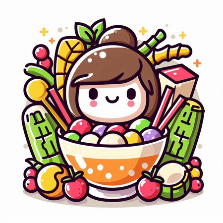 Illustration of a cartoon girl eating a bowl of fruit and vegetablesのイラスト素材