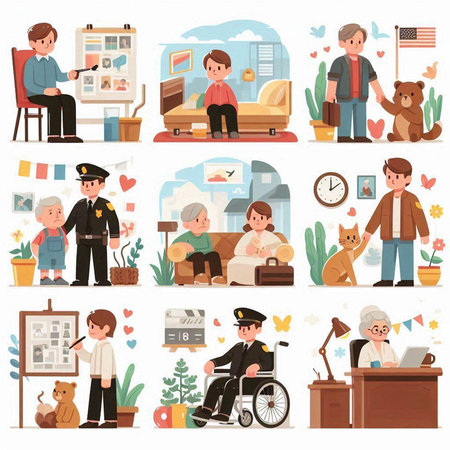 Set of vector illustrations of an elderly man in a police uniform and a child in a wheelchair.のイラスト素材